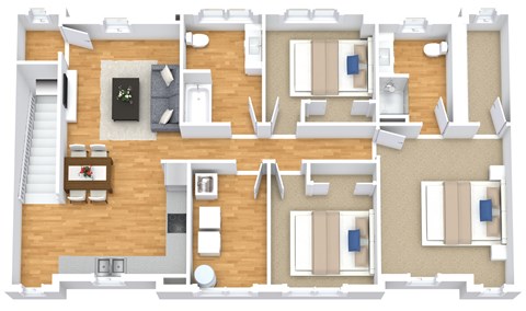 A floor plan of a house with a living room, dining room, kitchen, and two bedrooms.